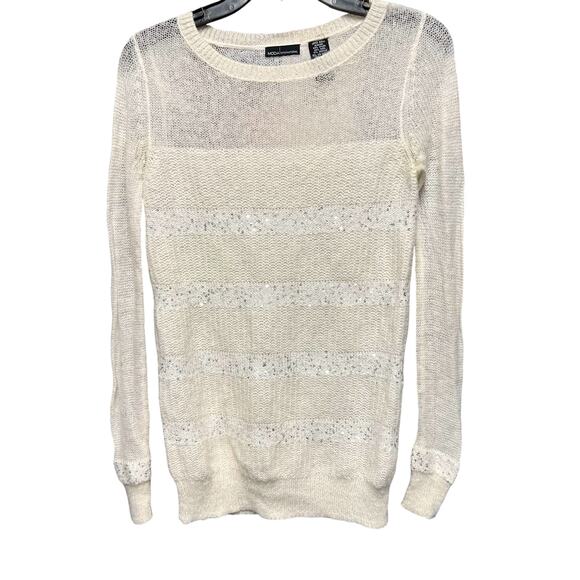 MODA INTERNATIONAL cream Sequin wool mohair blend thin lightweight sweater sz M - Picture 1 of 6